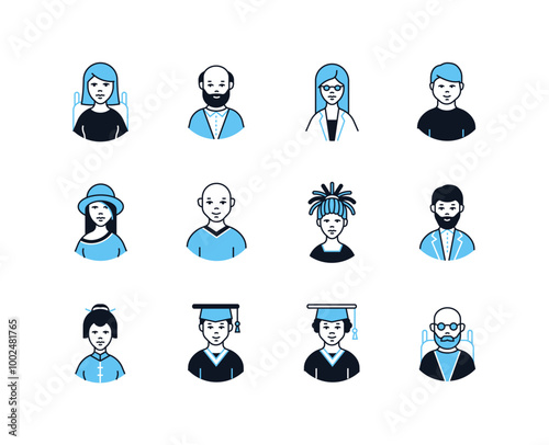 People and diversity - line design style icons set with editable stroke. Young girl, bearded man, dreadlocks, bald head, graduate, European, Asian, African American, disabled person