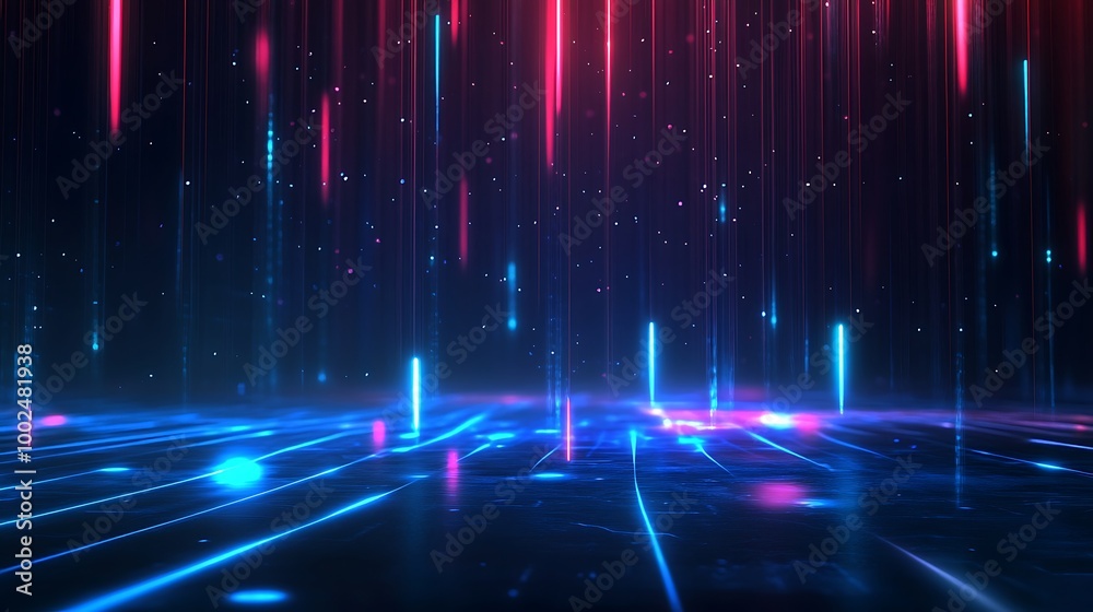 Abstract digital landscape with vibrant neon lines and glowing particles on a dark background. Abstract digital landscape with vibrant neon lines and glowing particles on a dark background.