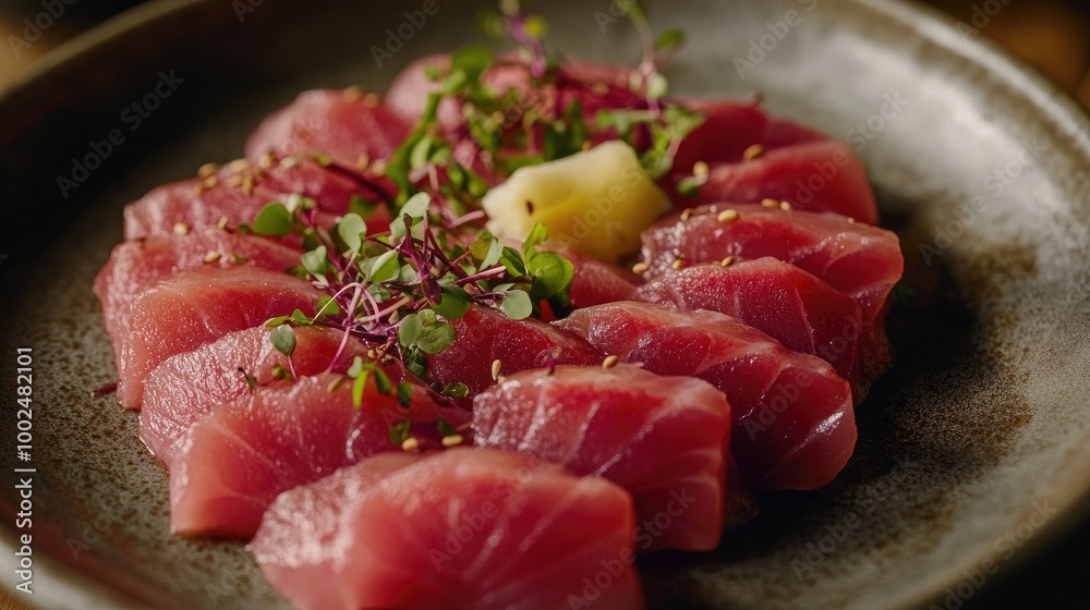 A lavish plate of bluefin tuna toro sashimi, capturing the smooth, velvety texture of the fish, garnished with micro herbs. A lavish plate of bluefin tuna toro sashimi, capturing the smooth, velvety texture of the fish, garnished with micro herbs.
