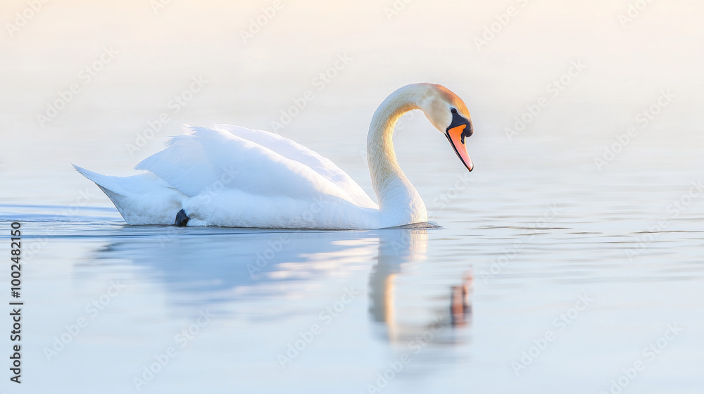 Fototapeta premium Elegant swan gliding gracefully across tranquil water in soft morning light