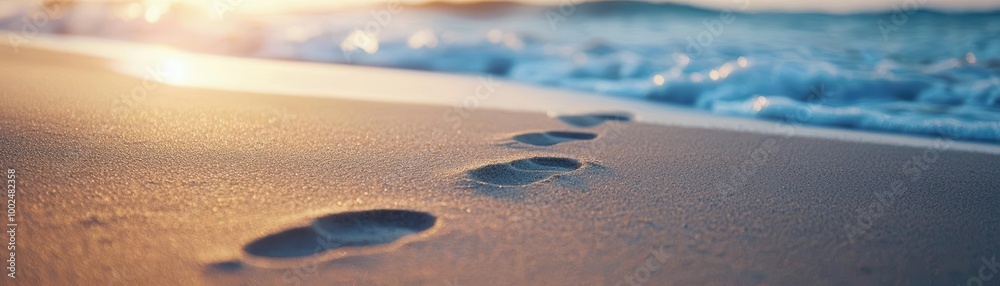 Footprints on the sandy beach, waves gently lapping at the shore during sunset. Footprints on the sandy beach, waves gently lapping at the shore during sunset.