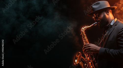A man in a hat is playing a saxophone. The image has a moody and mysterious feel to it.