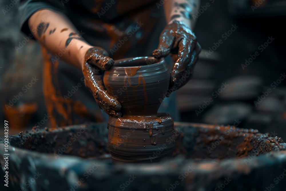 Generative AI photo craftsman shaping clay pot on spinning wheel in pottery studio surrounded by ceramic pieces Generative AI photo craftsman shaping clay pot on spinning wheel in pottery studio surrounded by ceramic pieces