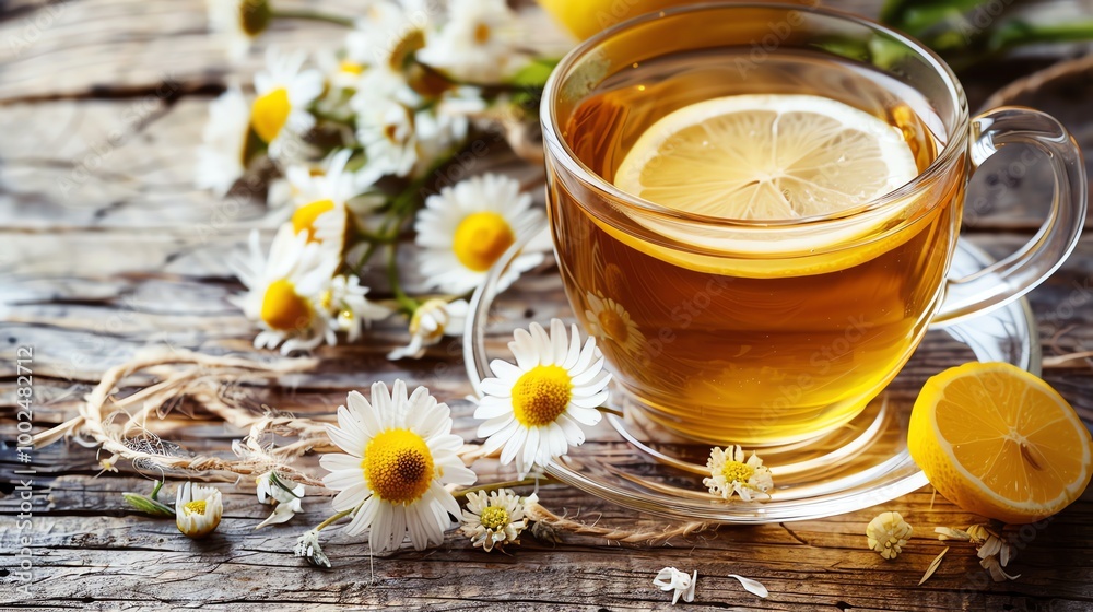 A cup of tea with a lemon slice, on a wooden surface surrounded by chamomile flowers. A cup of tea with a lemon slice, on a wooden surface surrounded by chamomile flowers.