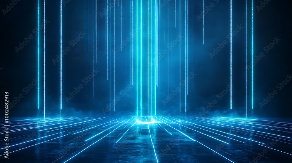 Abstract futuristic digital space with blue light beams and grid pattern. Abstract futuristic digital space with blue light beams and grid pattern.