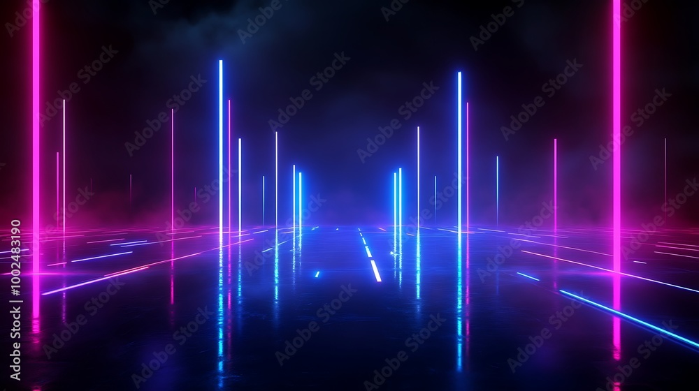 Fototapeta premium Abstract futuristic neon lights in a dark environment, creating a surreal atmosphere.