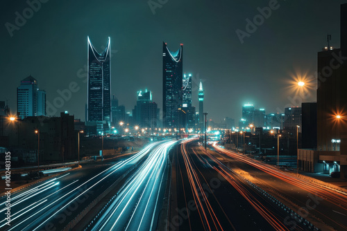 Cityscape of Riyadh at night showcasing vibrant lights and urban energy from the highway