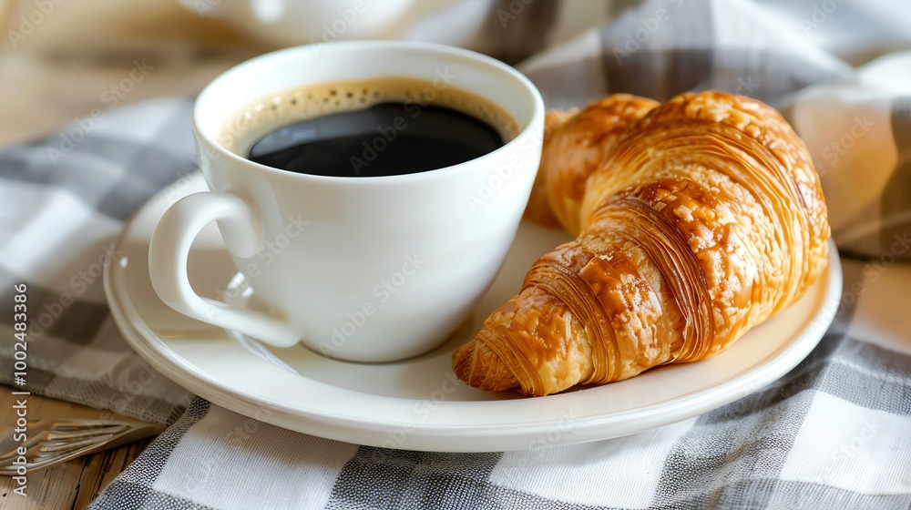 A cup of coffee and a croissant on a white plate. A cup of coffee and a croissant on a white plate.
