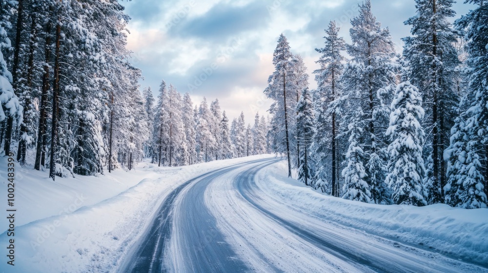Winter road trip with snow-covered landscape. Roadway and route snowy street trip. Driving Winter road trip with snow-covered landscape. Roadway and route snowy street trip. Driving