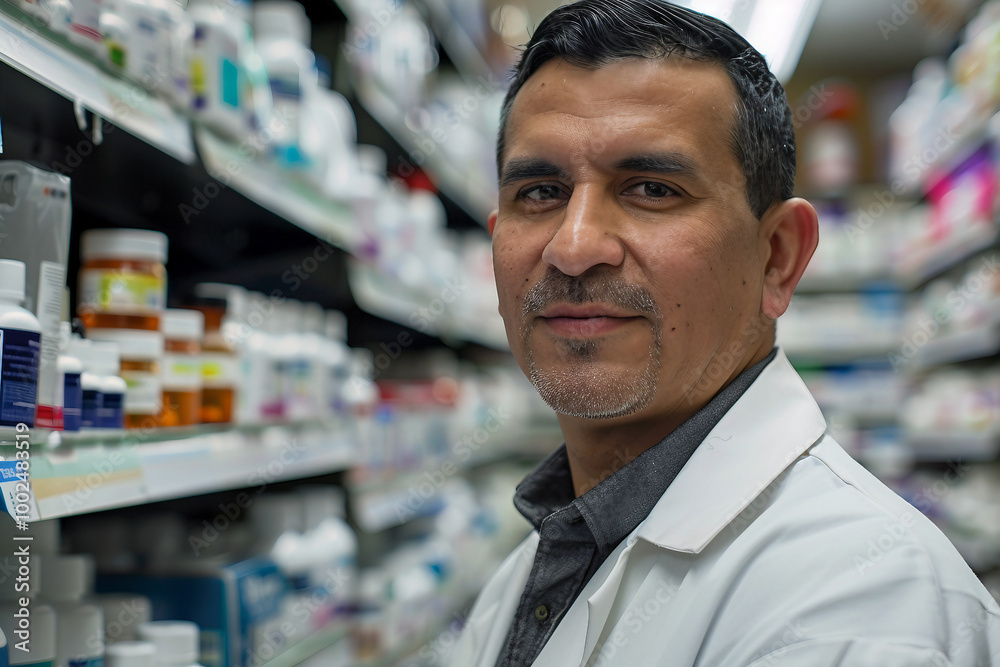 Portrait of a man pharmacist in a pharmacy generative AI Portrait of a man pharmacist in a pharmacy generative AI