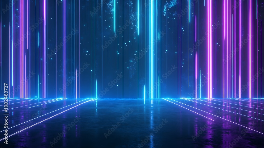 Abstract light beams creating a vibrant digital space with reflections, ideal for tech or futuristic themes. Abstract light beams creating a vibrant digital space with reflections, ideal for tech or futuristic themes.