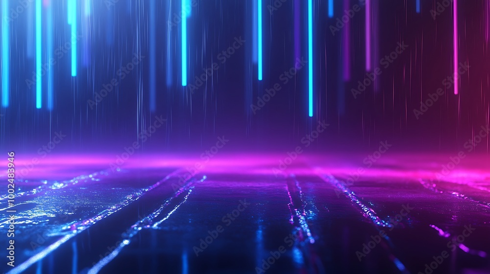 Abstract neon background with colorful lights and reflective surface, ideal for modern design projects. Abstract neon background with colorful lights and reflective surface, ideal for modern design projects.