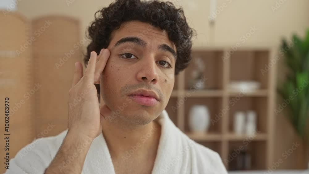 Handsome young man in a wellness center gently touching his face in an indoor spa setting. Handsome young man in a wellness center gently touching his face in an indoor spa setting.