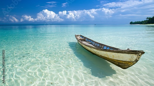 A wooden boat in the clear, turquoise water of a tropical sea with a blue sky and white clouds in the background.