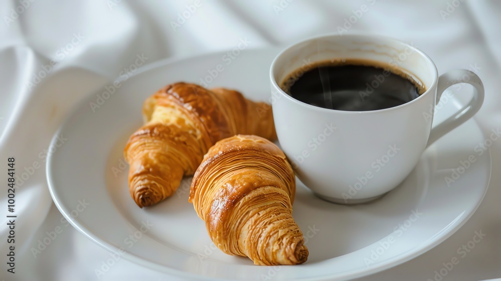 A cup of coffee and two croissants on a white plate. A cup of coffee and two croissants on a white plate.