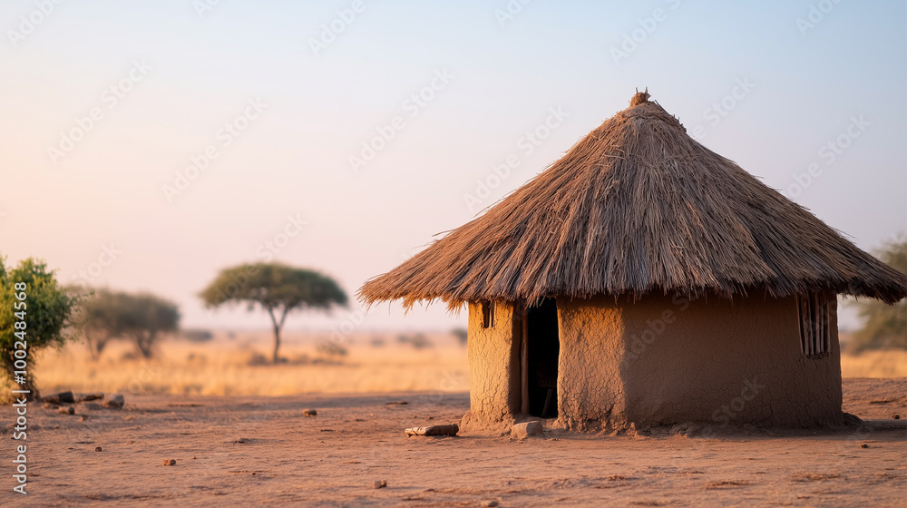 A small hut with a thatched roof sits in a desert in Africa. The hut is surrounded by a dry, barren landscape A small hut with a thatched roof sits in a desert in Africa. The hut is surrounded by a dry, barren landscape