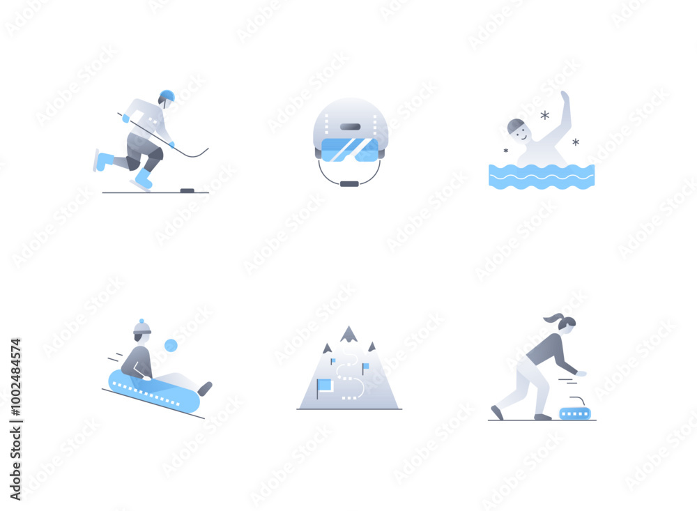 Fototapeta premium Winter sports and games - flat design style icons set. High quality images of ice hockey, protective helmet, open water swimming, downhill skating, curling, people, mountain track with obstacles