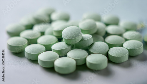 Heap of green pills. Prescription drug. Vitamins or supplements. Painkiller, medication, health care