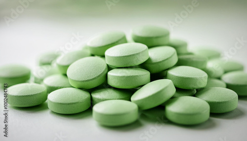 Heap of green pills. Prescription drug. Vitamins or supplements. Painkiller, medication, health care