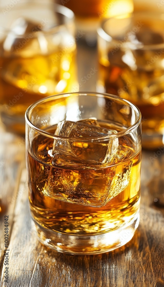 Whiskey on the Rocks A Close-Up of Golden Liquor, Ice, and Rustic Wood, Ideal for Beverage Industry Whiskey on the Rocks A Close-Up of Golden Liquor, Ice, and Rustic Wood, Ideal for Beverage Industry