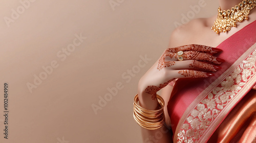 A woman wearing a red sari with gold jewelry. She is holding her hands up to show off her jewelry photo