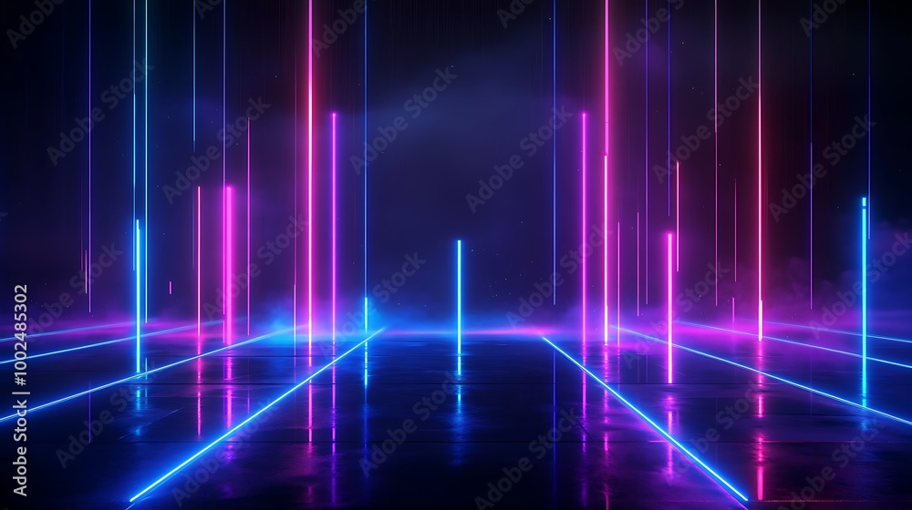 Abstract neon lights forming vertical beams against a dark background, creating a vibrant and colorful atmosphere. Abstract neon lights forming vertical beams against a dark background, creating a vibrant and colorful atmosphere.