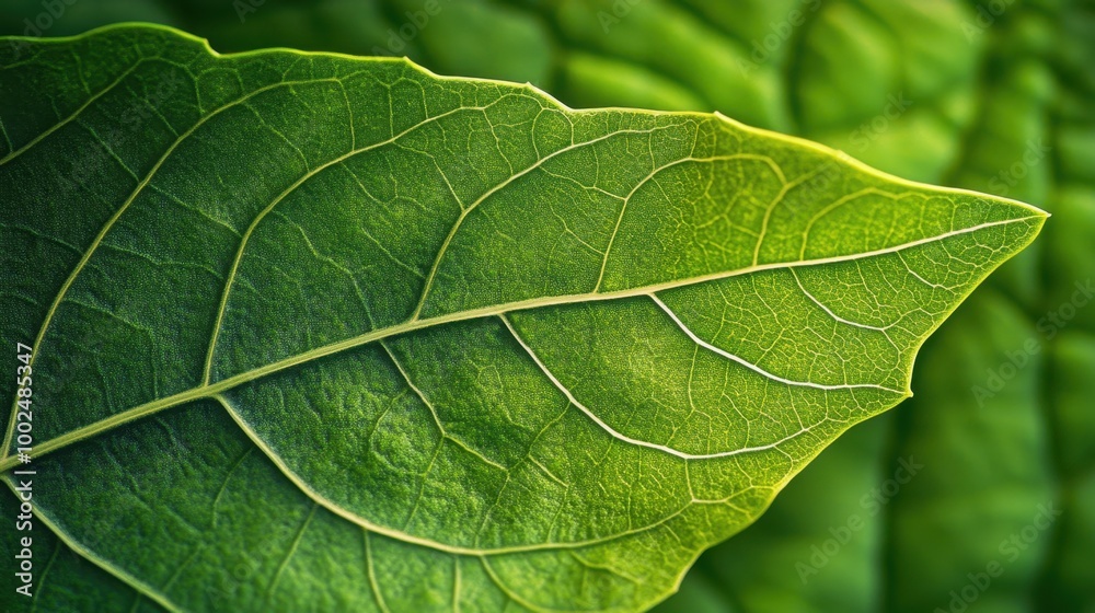 Close-up macro view of a vibrant green leaf with visible veins and texture creating a natural and organic atmosphere Close-up macro view of a vibrant green leaf with visible veins and texture creating a natural and organic atmosphere