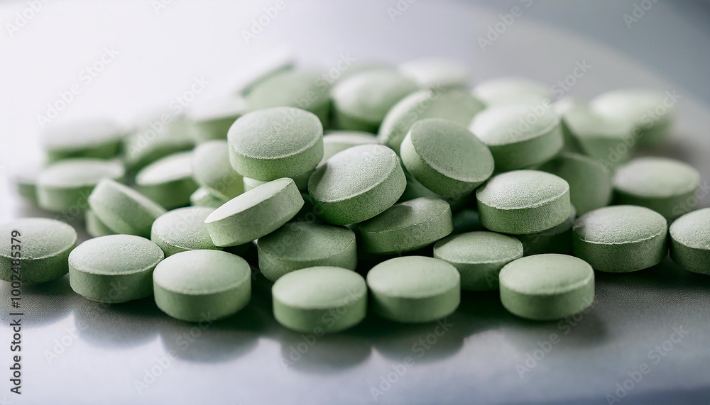 Heap of green pills. Prescription drug. Vitamins or supplements. Painkiller, medication, health care Heap of green pills. Prescription drug. Vitamins or supplements. Painkiller, medication, health care