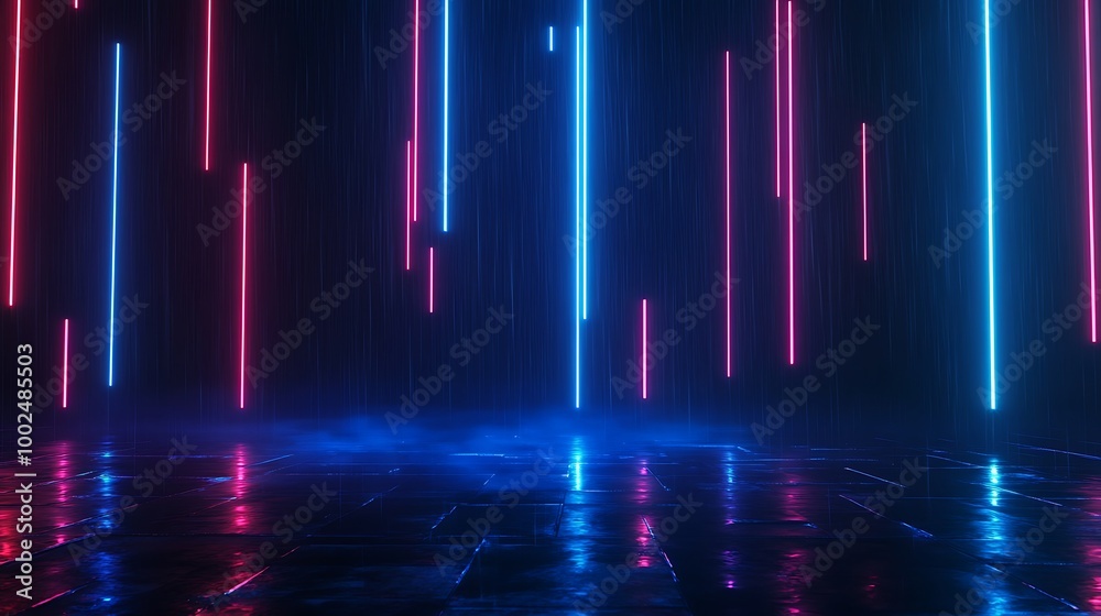 Abstract neon lights in blue and pink create a futuristic atmosphere with reflections on the ground.