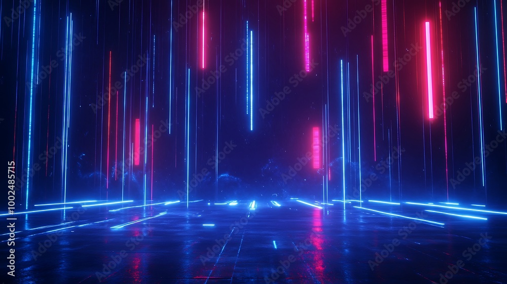 Abstract neon lights shining down in a dark digital space, creating a futuristic atmosphere with vibrant colors. Abstract neon lights shining down in a dark digital space, creating a futuristic atmosphere with vibrant colors.