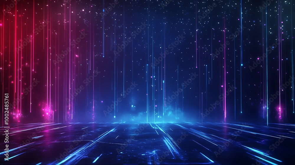 Abstract neon lights with futuristic glowing lines in blue and pink against a dark background. Abstract neon lights with futuristic glowing lines in blue and pink against a dark background.