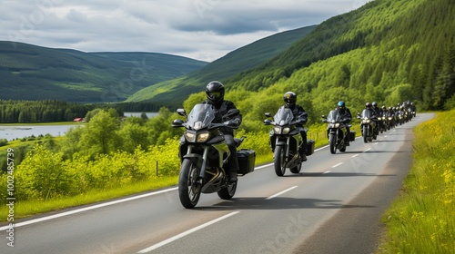 Group of motorcyclists riding along a scenic road in the mountains on a cloudy day