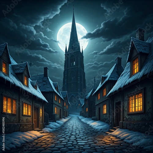 Dark, gothic-style illustration featuring a spooky village under a full moon. The layout is vertical, with a tall, ominous church tower dominating the center, its spire piercing the night sky.