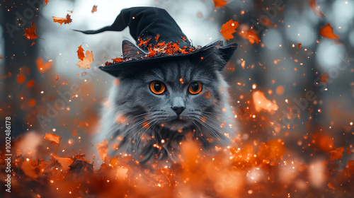 A cute kitten wearing a wizard's hat is making a potion Halloween background concept