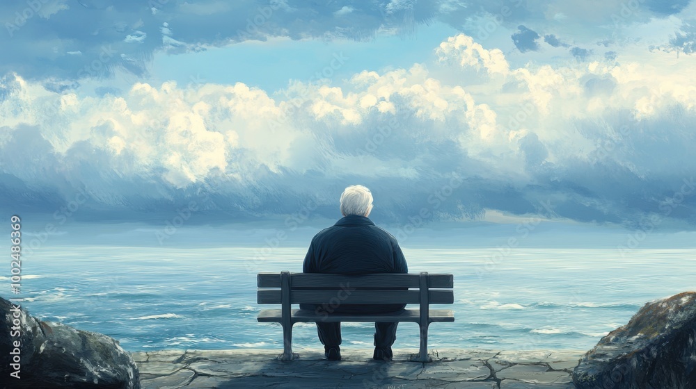 Old individual sitting on a bench gazing out at the calm sea with a soft breeze creating a peaceful and reflective moment Old individual sitting on a bench gazing out at the calm sea with a soft breeze creating a peaceful and reflective moment