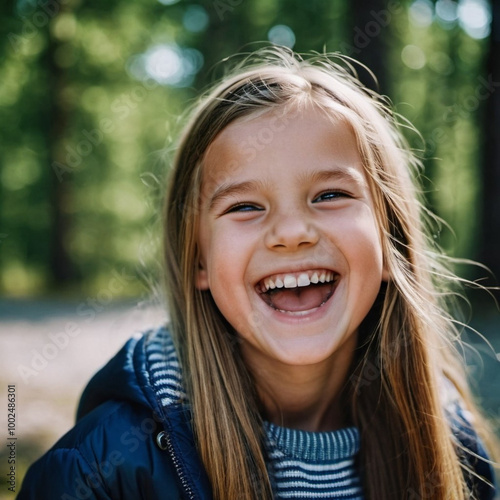 A cheerful Finnish girl with long hair and a bright smile stands in a lush green forest, radiating pure joy as sunlight filters through the trees. Scandinavian Caucasian European face type. AI