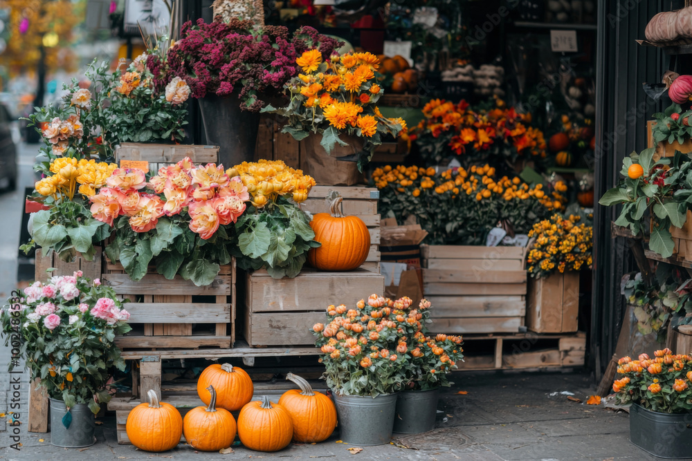 Autumn flower shop display with pumpkins in vibrant colors on a busy street Autumn flower shop display with pumpkins in vibrant colors on a busy street