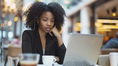 A woman working on a laptop in a cafe.