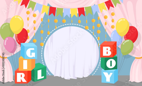 Cute festive childish design for gender party celebration and making memory photo. Creative colorful studio interior for taking picture in anticipation of childbirth vector illustration