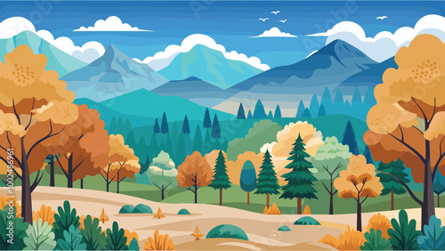 Colorful autumn forest landscape with mountains in the background