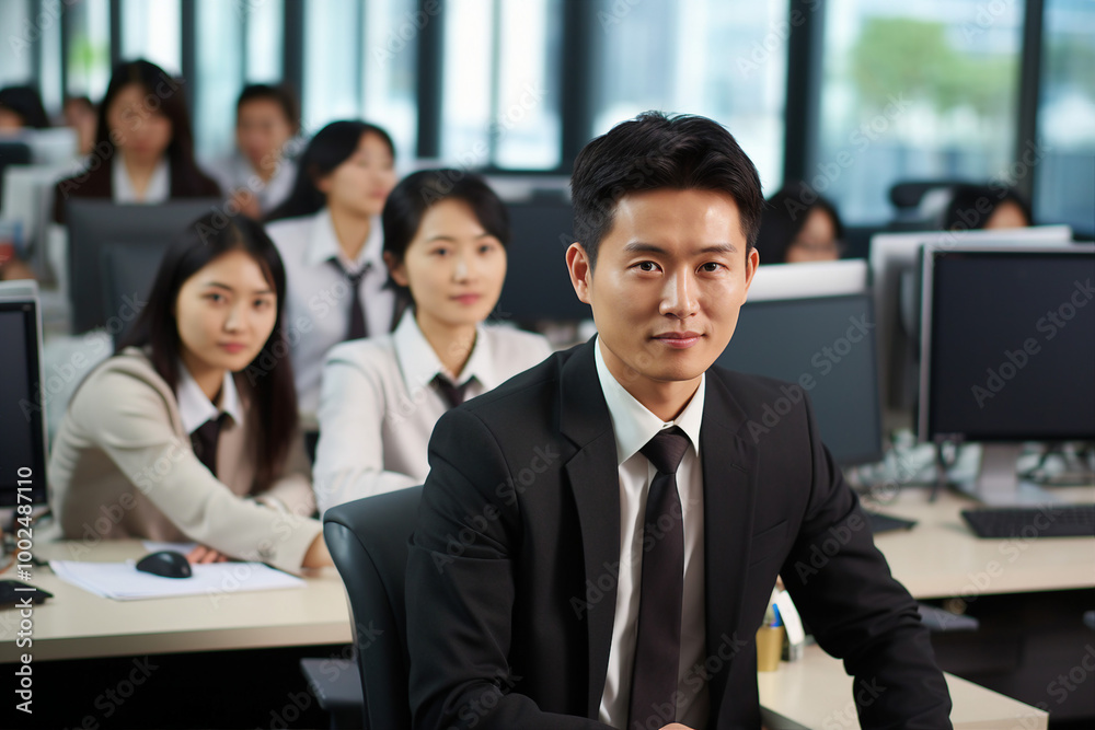 Successful business people person in modern interior office space building made with Generative AI artwork