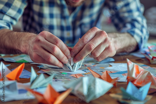 Creative AI depicting hands folding colorful origami paper crafts photo