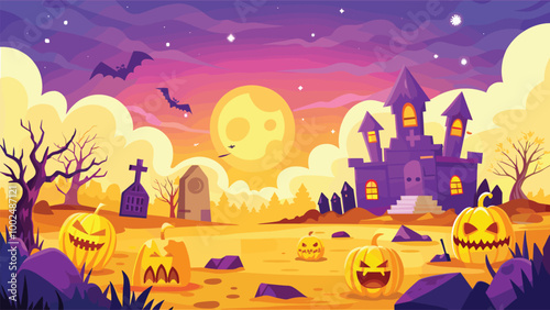 Spooky halloween scene with haunted house and jacko'lanterns at night