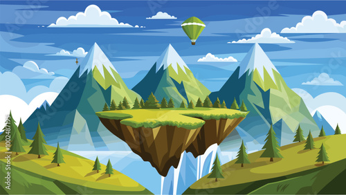 Fantasy floating island with mountains and hot air balloon in scenic landscape illustration