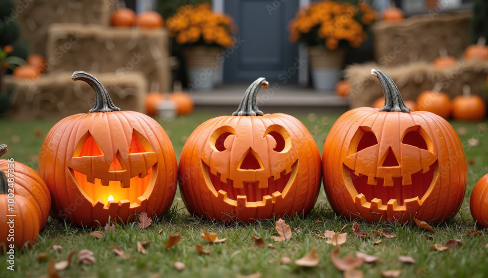 Fototapeta premium Pumpkins with carved friendly faces 