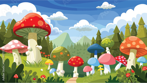 Vibrant cartoon forest with colorful mushrooms and blue sky