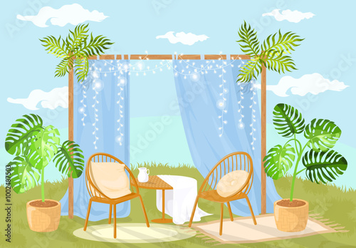 Romantic natural studio background for memory photo shooting vector illustration. Space with tropical leaves flower in pots, wooden arch decorated curtains and garlands, vintage seats