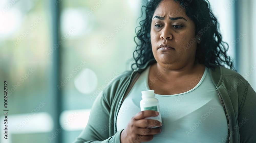 Determined Overweight Woman Holding a Small Bottle of Weight-Loss Pills with a Focused Expression. Determined,focused,positive,confident,wellness,healthy lifestyle Determined Overweight Woman Holding a Small Bottle of Weight-Loss Pills with a Focused Expression. Determined,focused,positive,confident,wellness,healthy lifestyle