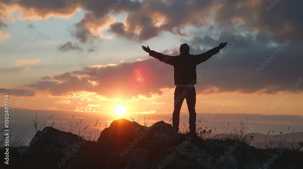 Fototapeta premium A man stands on a mountain top with his arms outstretched, silhouetted against the setting sun.