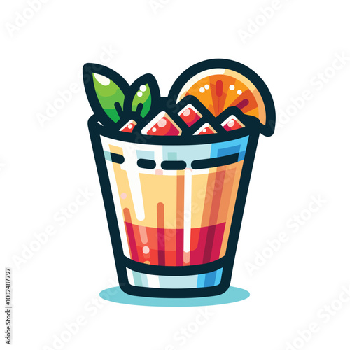 Colorful cocktail illustration with ice, fruits, and fresh mint on white background